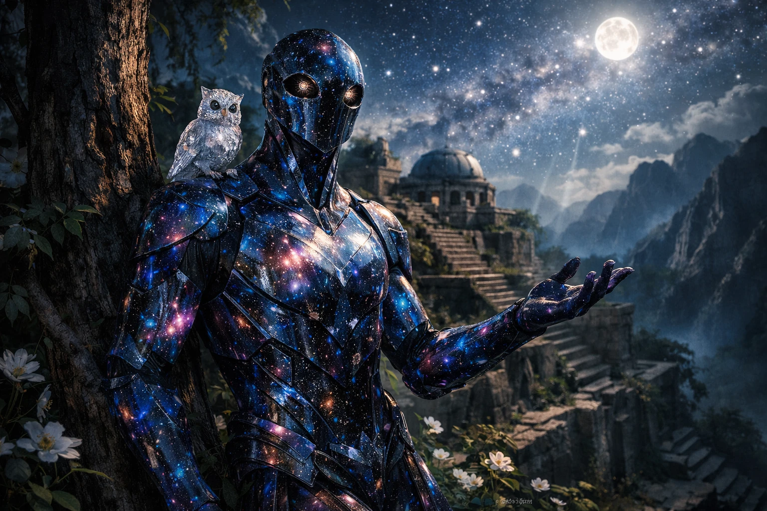 Druida androide de cristal observando as estrelas no topo de uma antiga zigurate coberta de vinhas