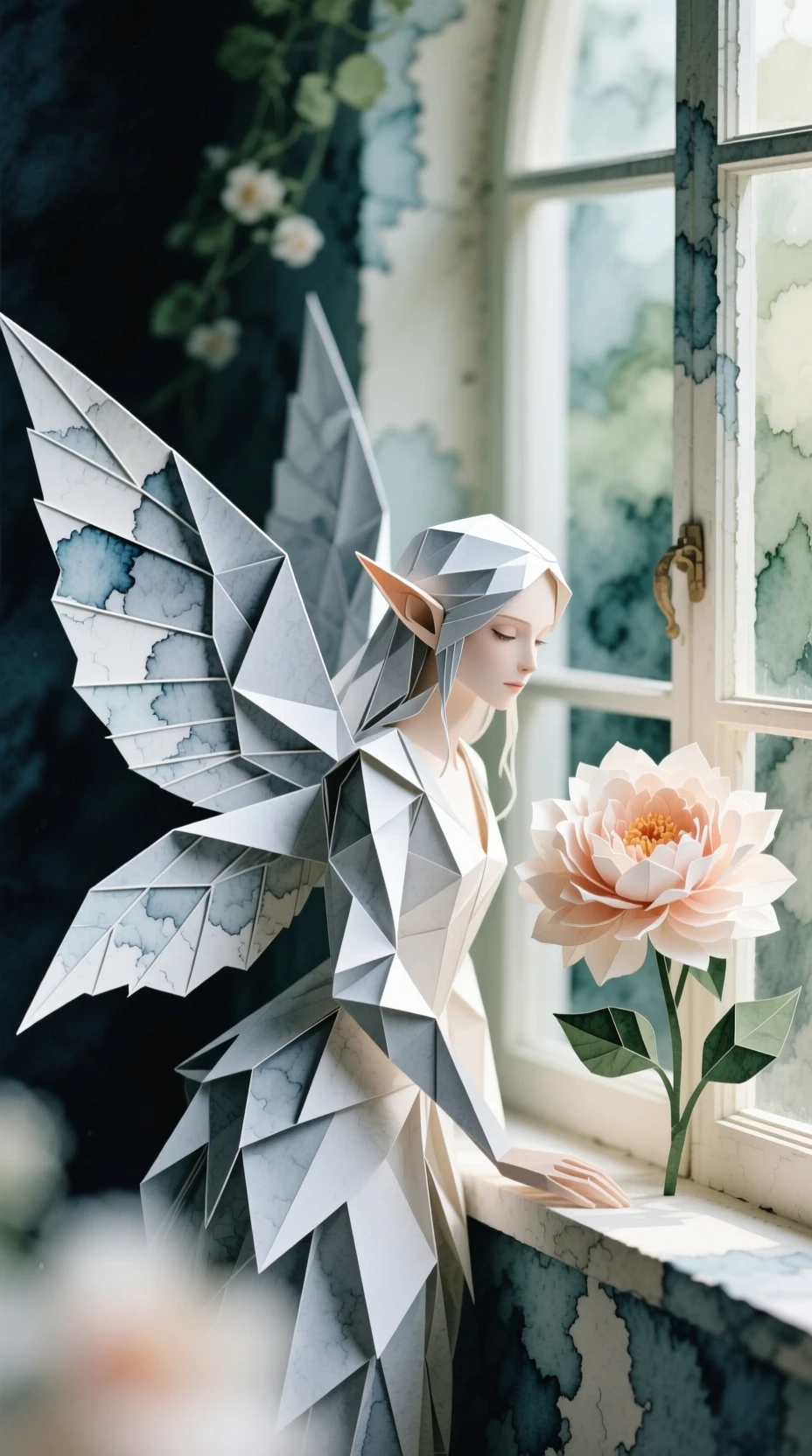 Lutin en origami aux ailes argentées près d’une fleur épanouie