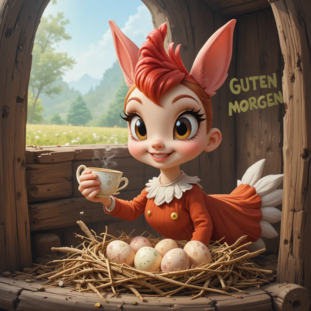 Colorful hen with coffee looking at her nest of eggs