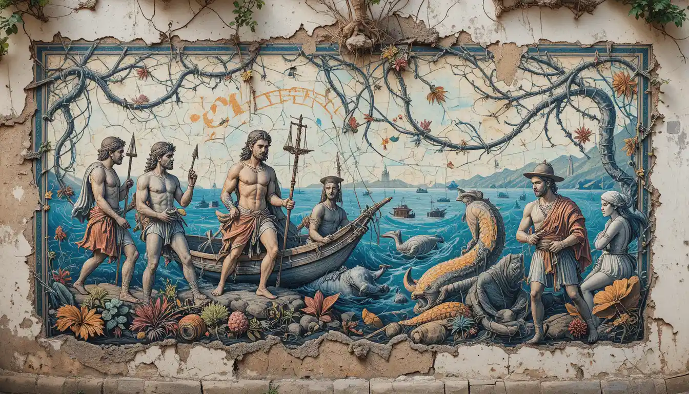 Weathered Mediterranean mural of ancient sailors and sea creatures