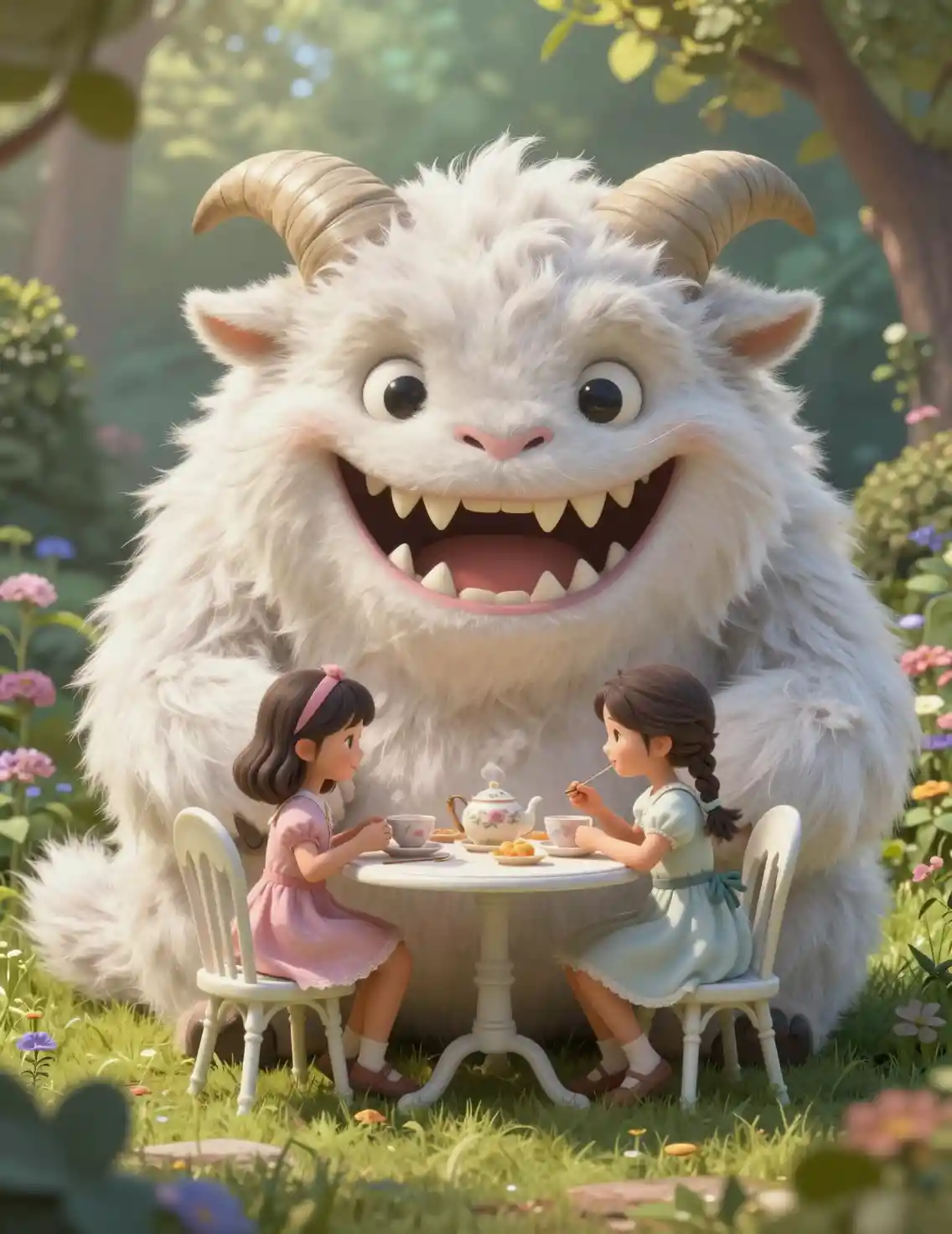 Menininha tomando chá da manhã com um monstro amigável de chifres