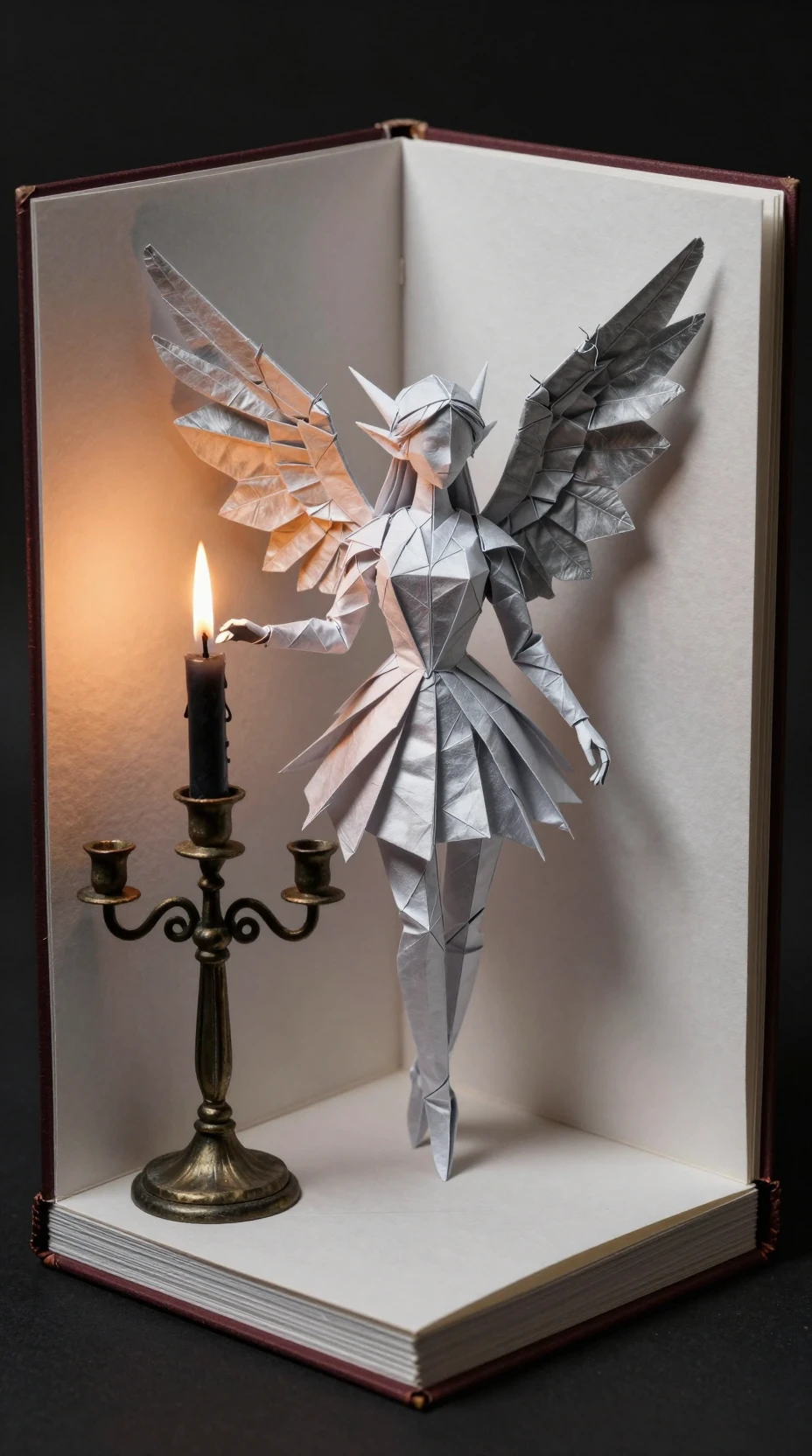 Origami fairy with silver wings in a pop up book