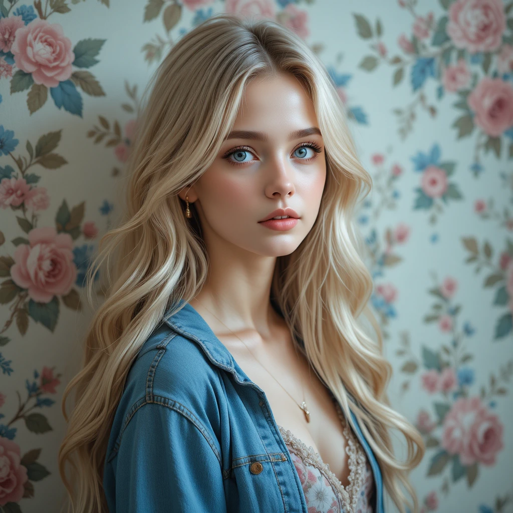 Dreamy portrait of a blonde girl in denim jacket