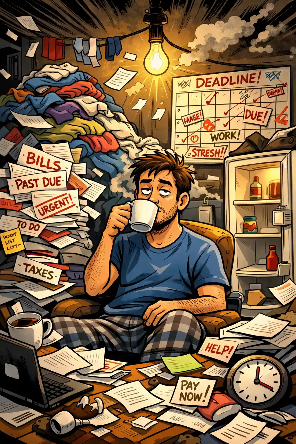 Calm adult sipping coffee in chaotic messy apartment