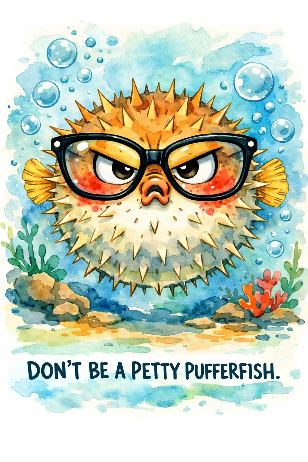 Angry cartoon pufferfish with big glasses underwater