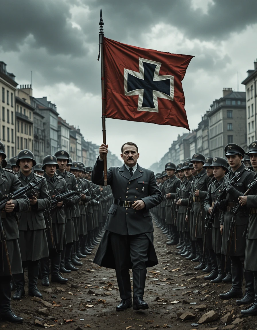 Reihen von Soldaten mit großer Kreuzflagge in Berlin
