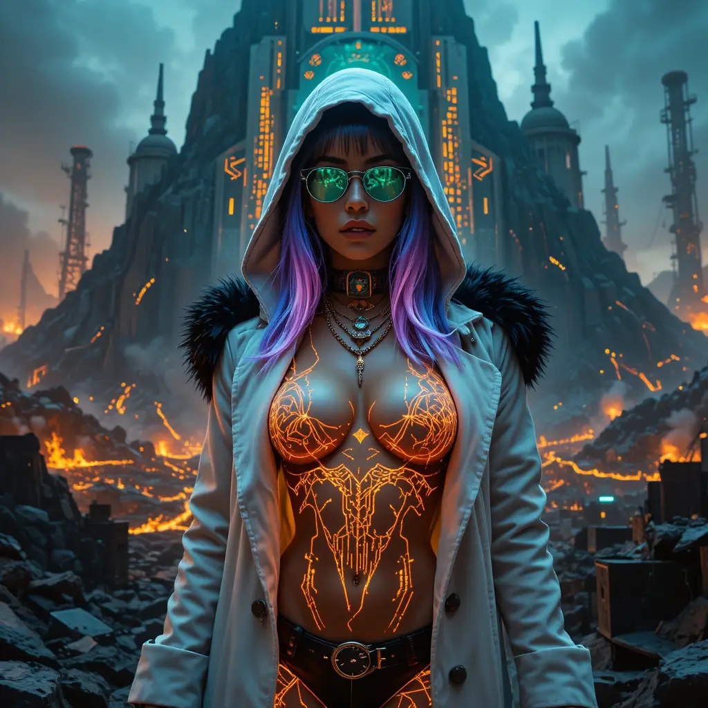 Femme fatale cyberpunk davanti a tempio cibernetico vulcanico