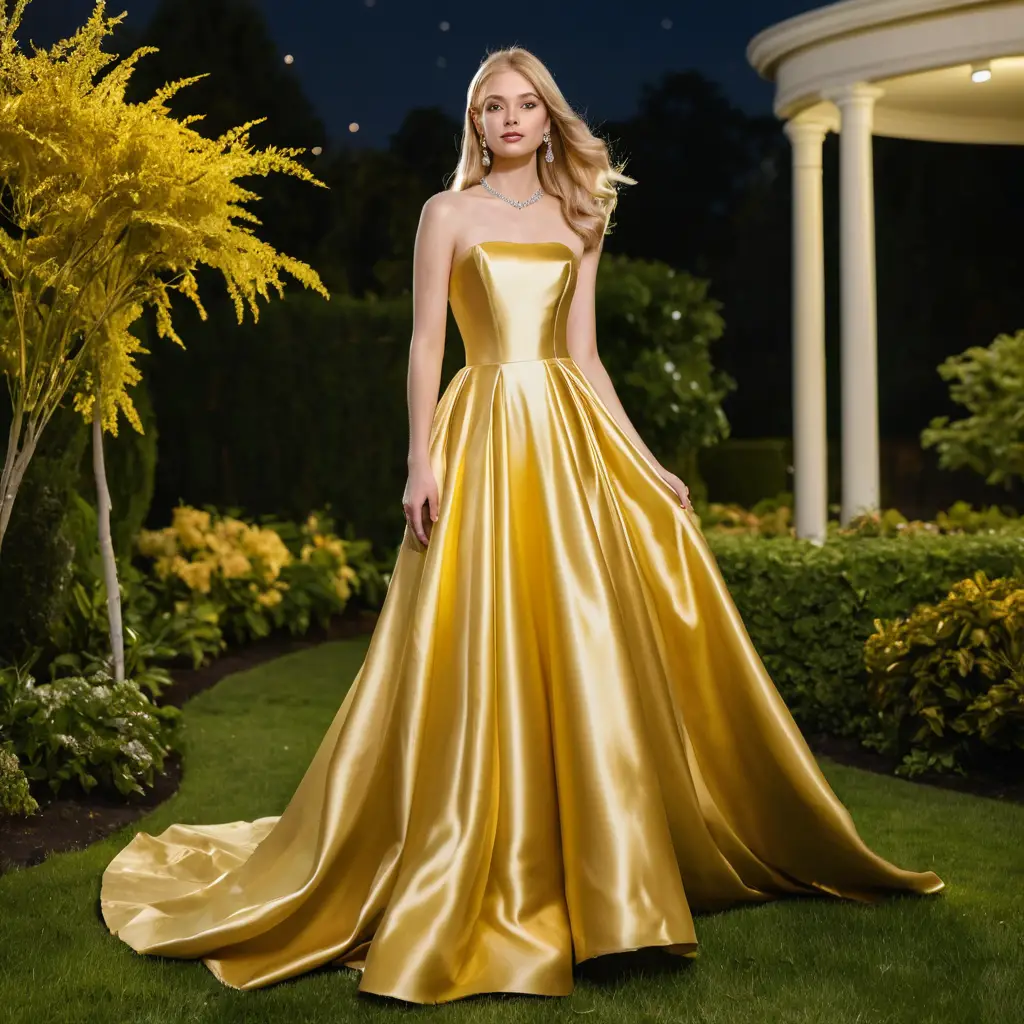 Blonde woman in gold satin gown in a night garden