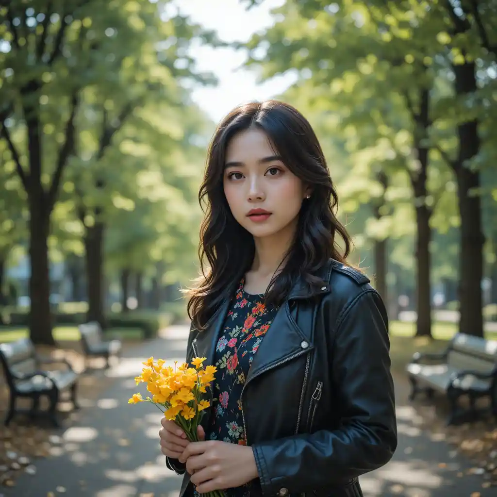 Young woman holding flowers in a sunlit green park