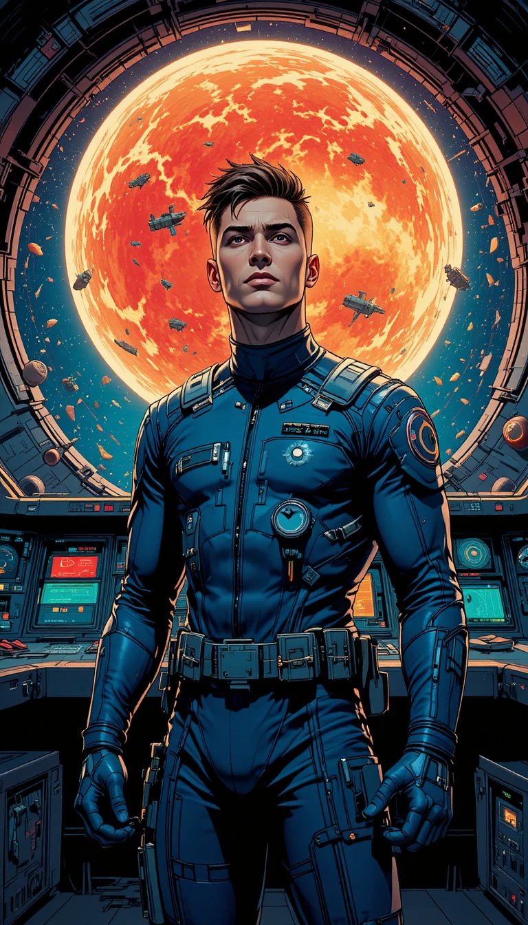 Soldado futurista de azul diante de painel de controle espacial luminoso
