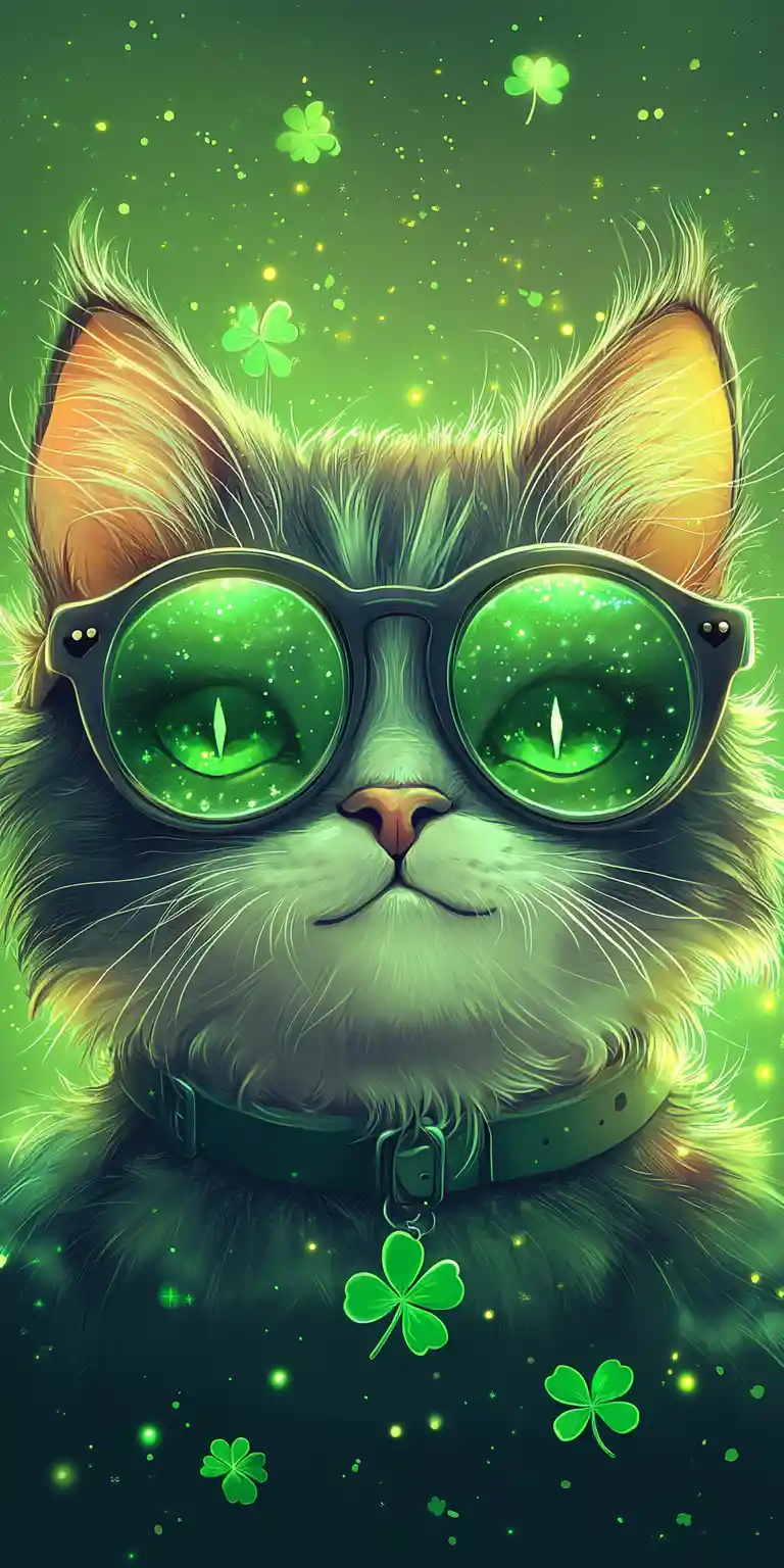 Sarkistisches Cartoon-Katzenporträt mit Nerd-Brille und Kleeblättern