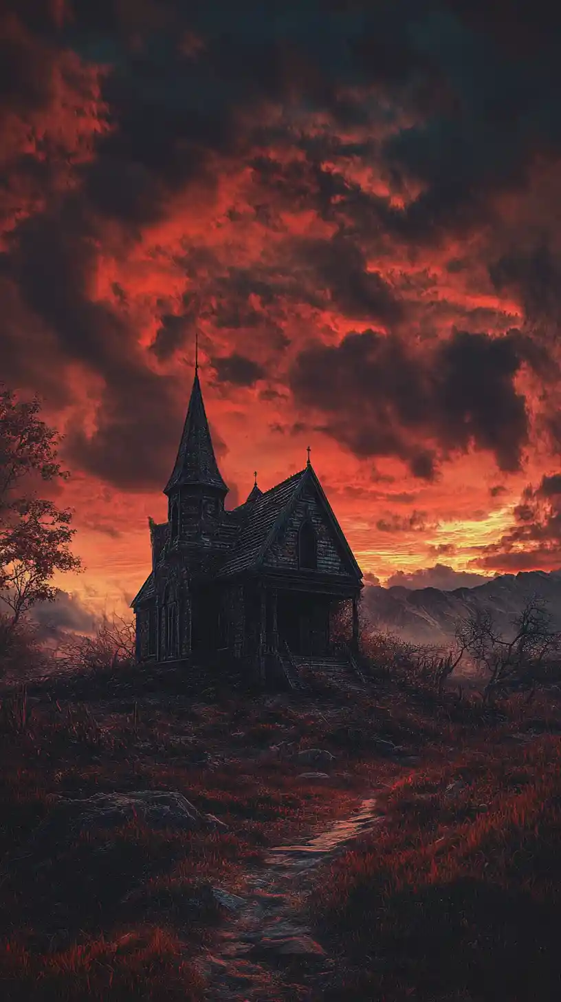 Stormy dusk over a lonely dark fantasy landscape