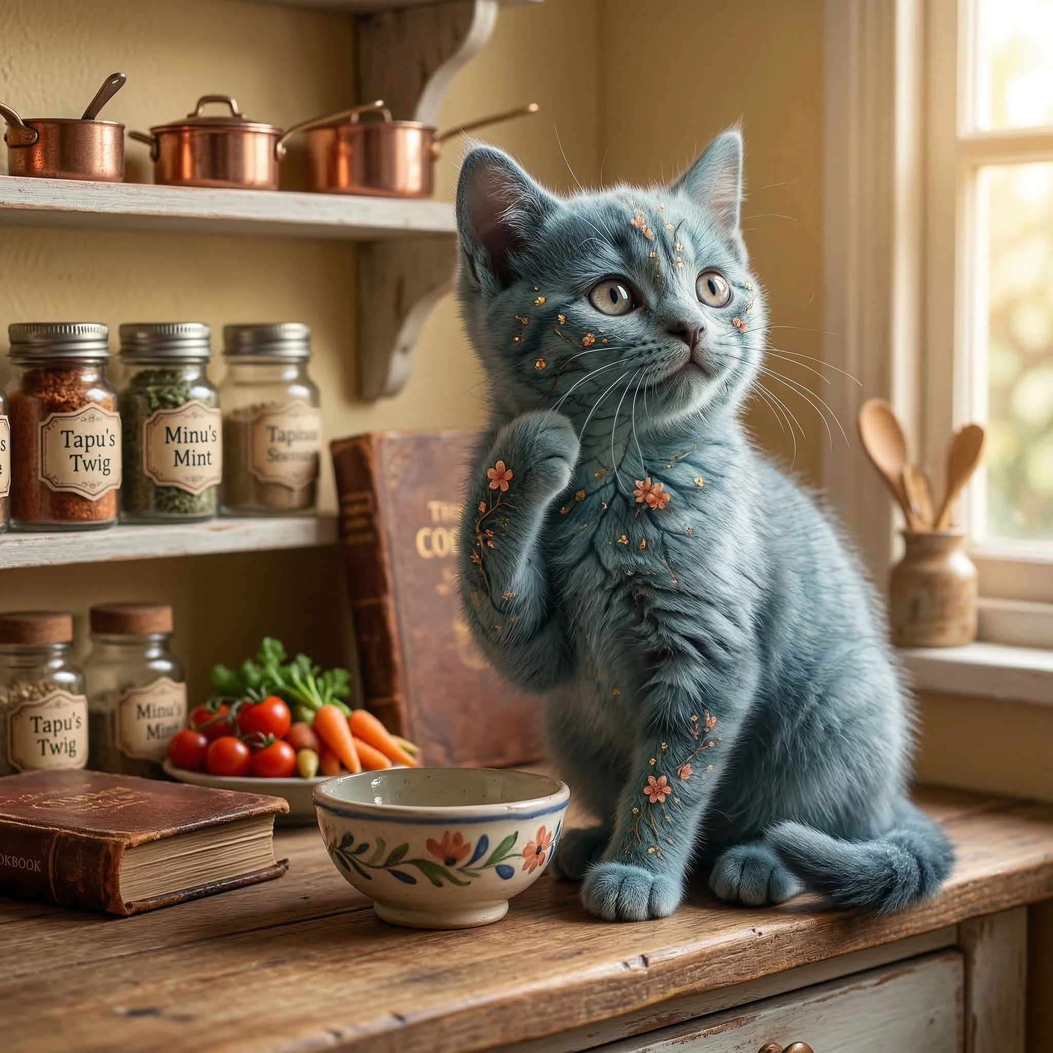 Mutterkatze bereitet in einer gemütlichen Küche Futter für ihre Kätzchen zu