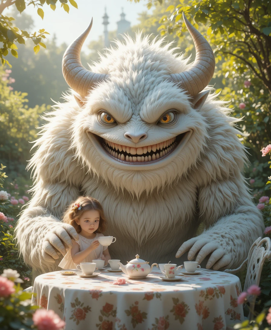Menina pequena tomando chá com um enorme monstro fofo com chifres