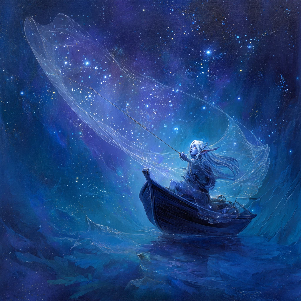 Pescador celestial lançando uma rede de prata pelos céus cósmicos
