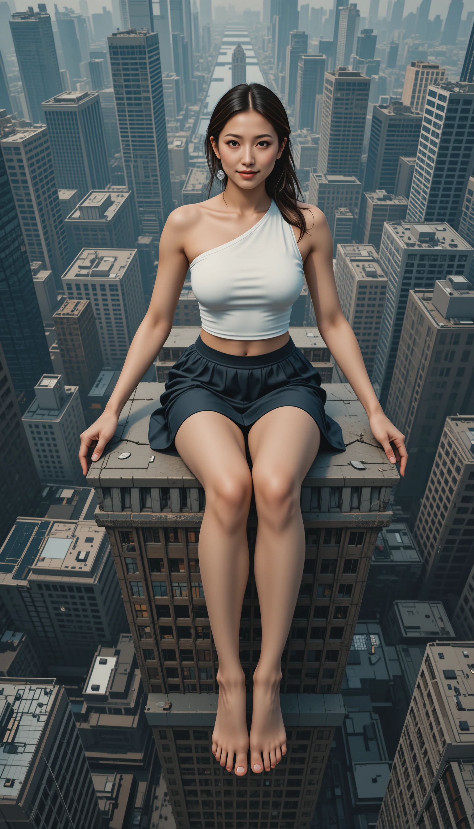 Donna gigante e sicura di sé seduta sopra lo skyline di una città moderna
