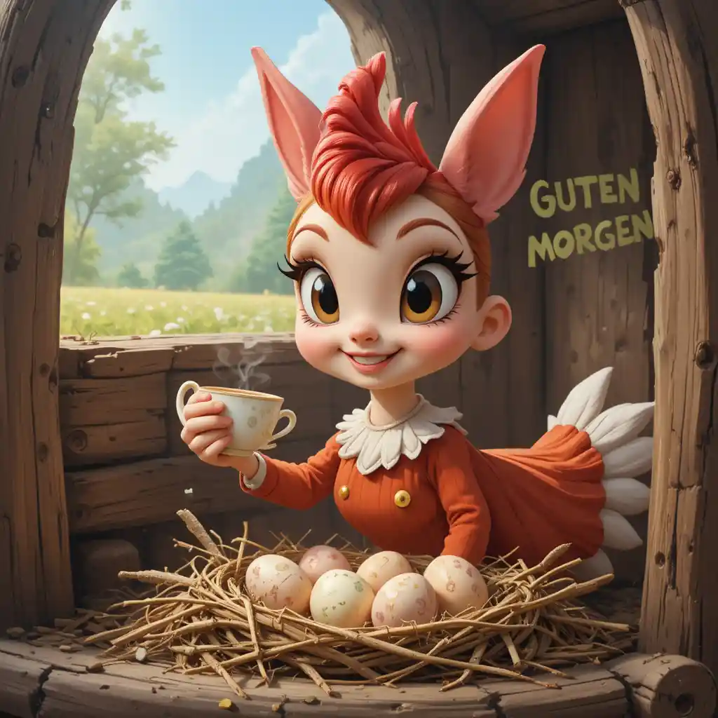 Colorful hen with coffee looking at her nest of eggs