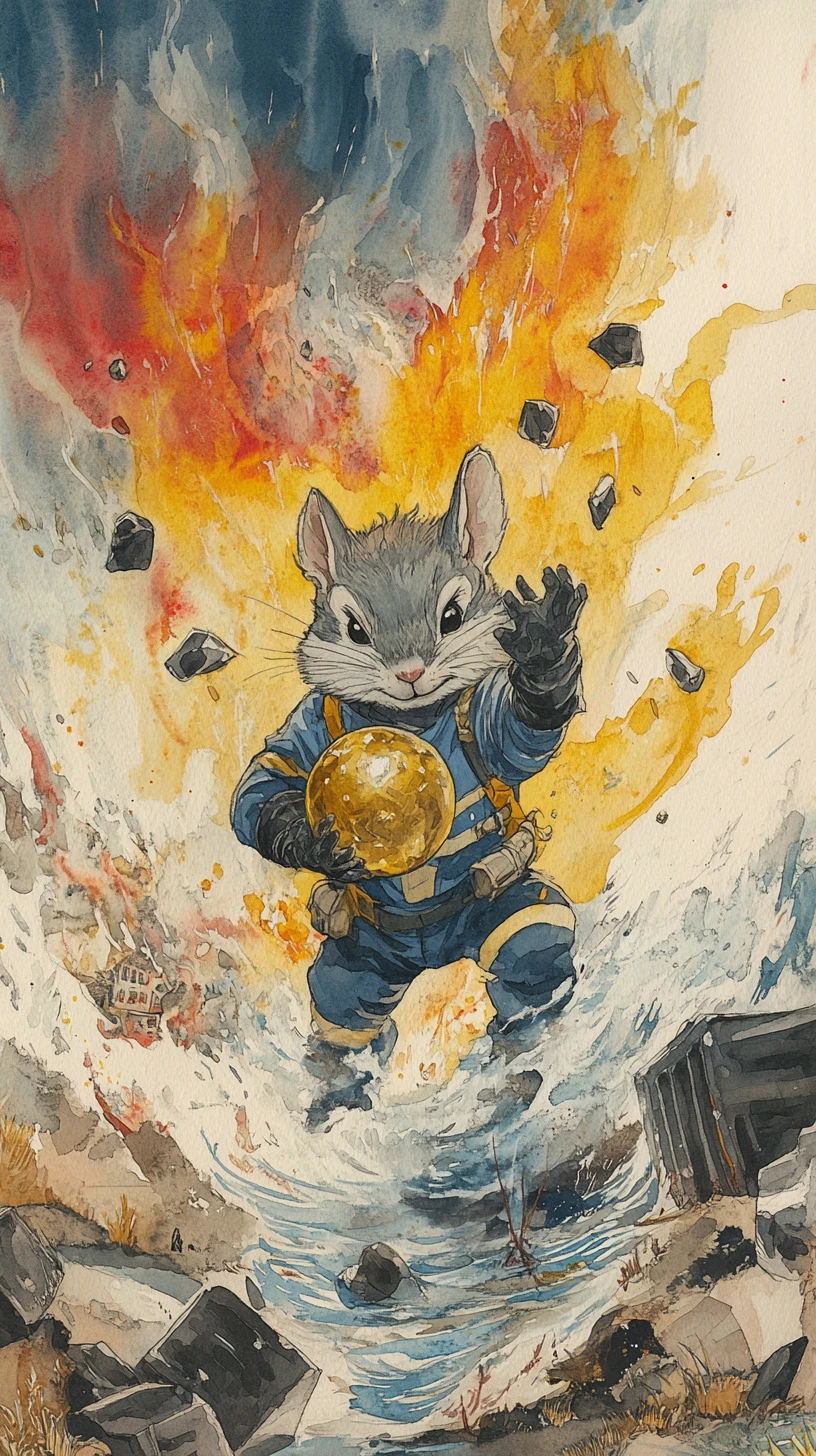 Watercolor chipmunk hero holding a golden sphere