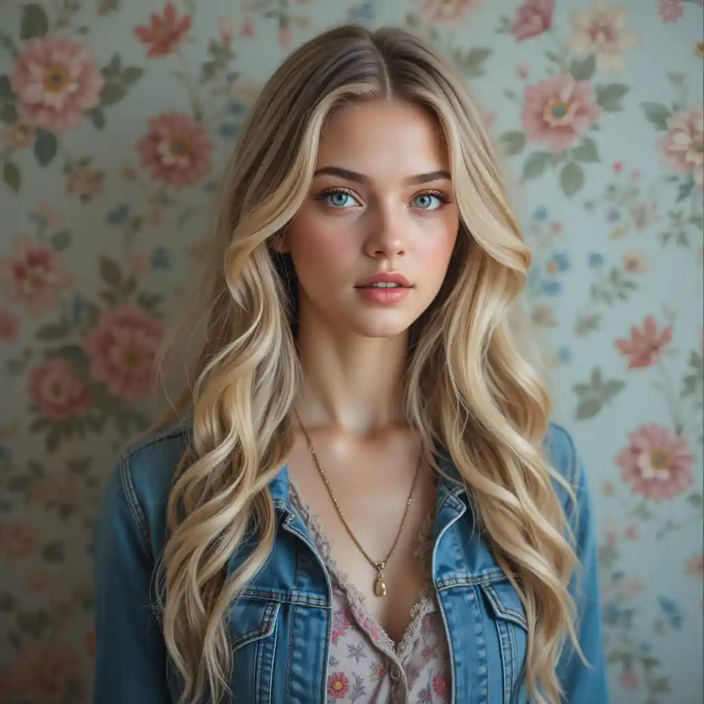 Dreamy portrait of a blonde girl in denim and floral