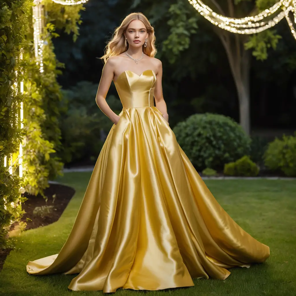 Blonde woman in gold satin gown in a night garden