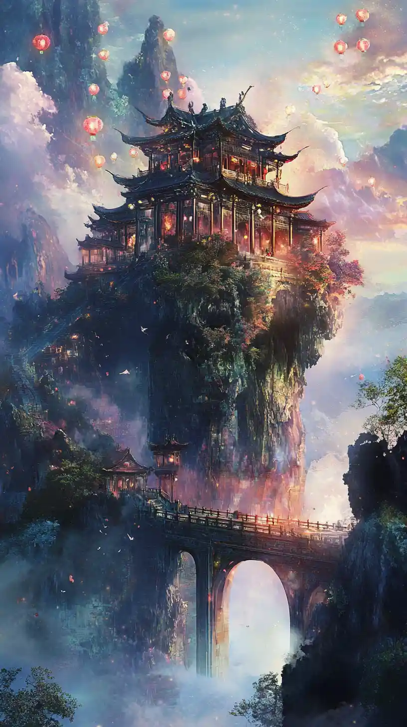 Asian temple on a floating island with glowing lanterns
