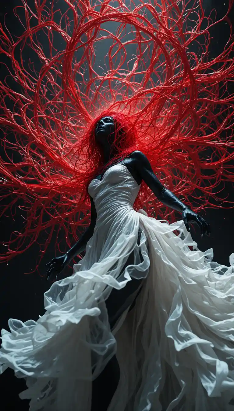 Dark surreal entity weaving a vortex of red threads