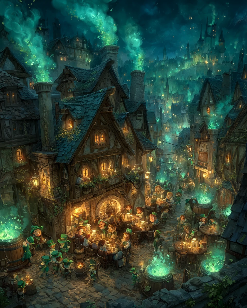Pub irlandese fantasy pieno di leprecauni e fate luminose