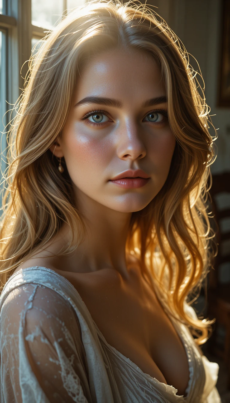 Primo piano cinematografico di una donna nella luce dorata della finestra