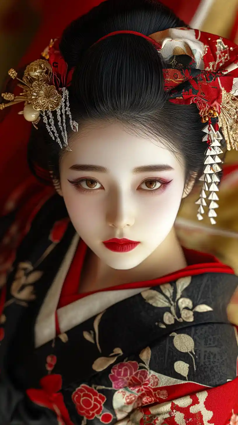 Geisha portrait in traditional kimono with serene soft lighting