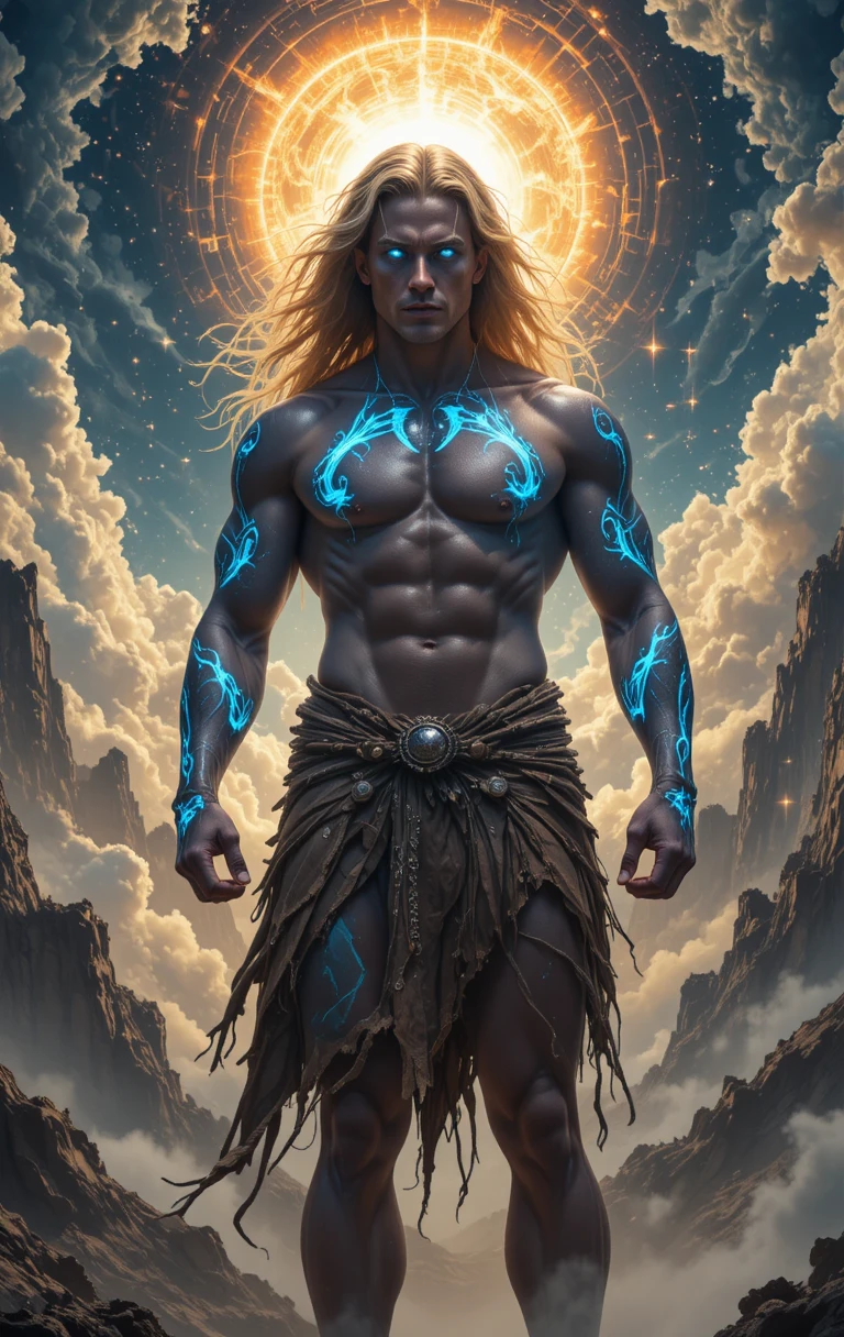 Homem musculoso com marcas luminosas em uma paisagem cósmica