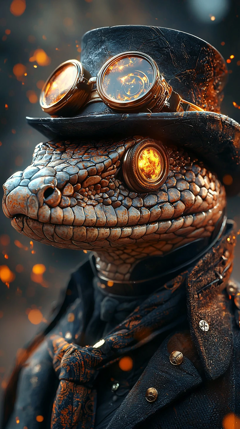 Majestuoso retrato steampunk de una serpiente con brasas brillantes
