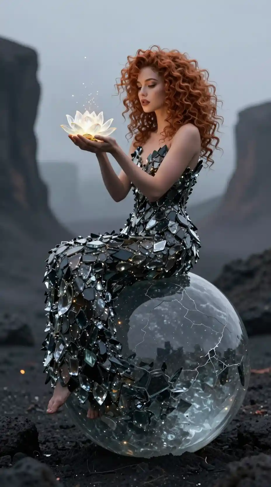 Woman on cracked obsidian sphere holding glowing lotus