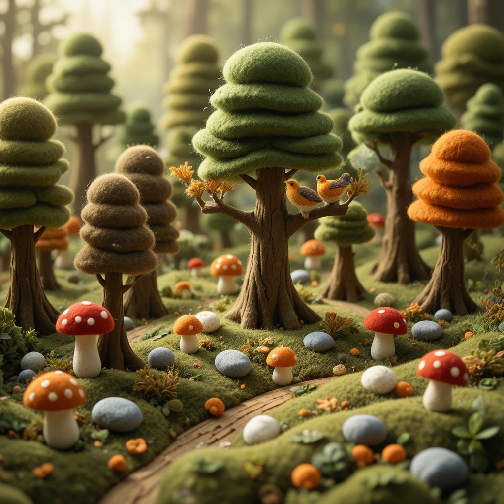 Miniatur-Filzwald mit weichen Bäumen und Pilzen