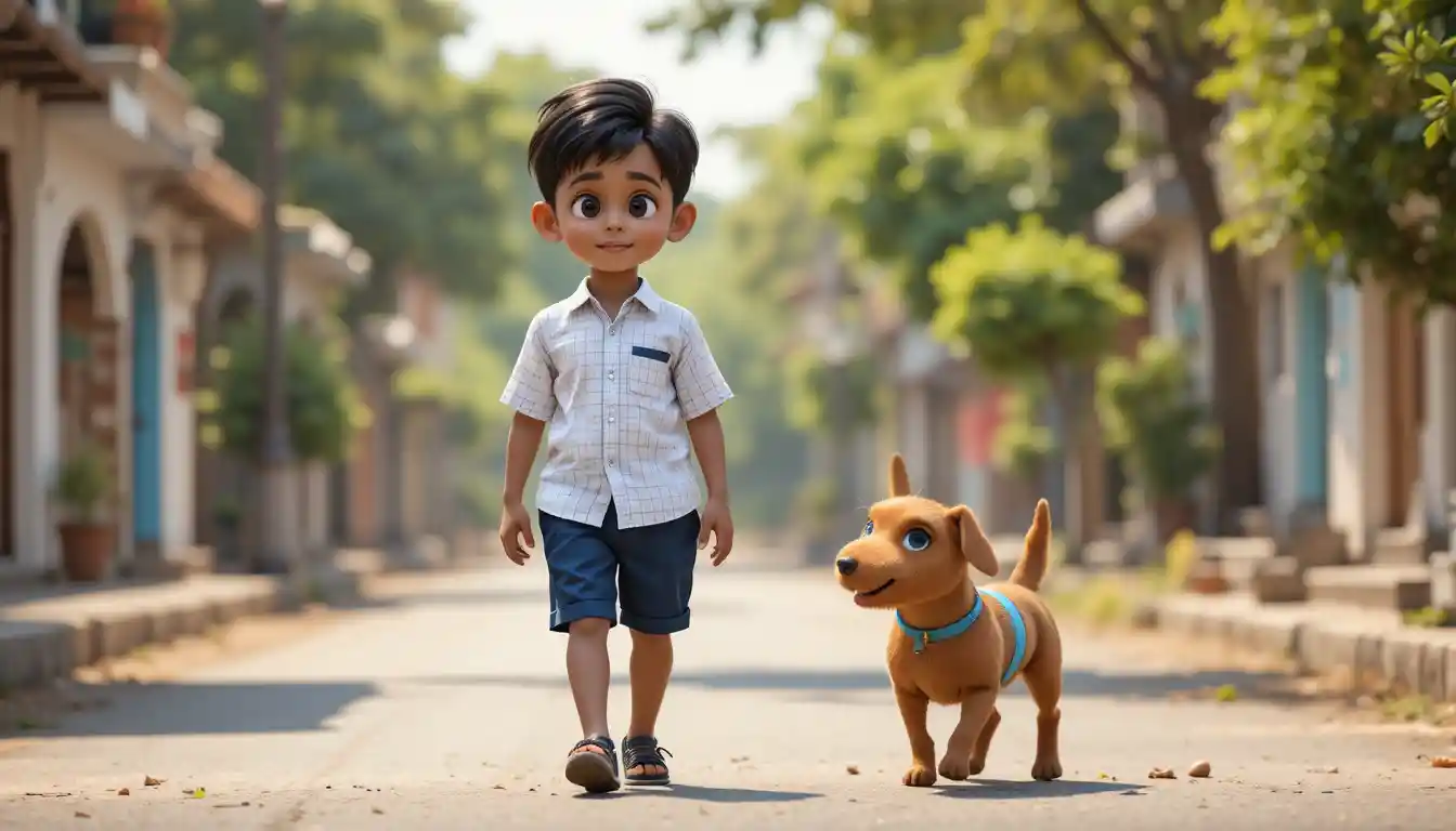 Garçon Marchant avec un Petit Chien dans une Rue Ensoleillée Illustration 3D
