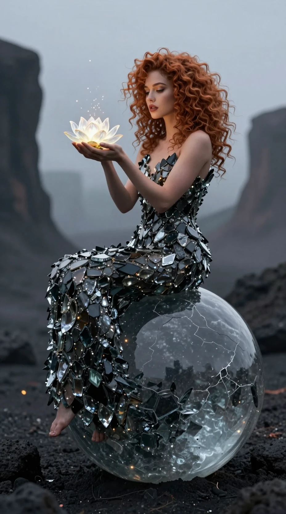 Mulher sobre esfera de obsidiana rachada segurando lótus brilhante