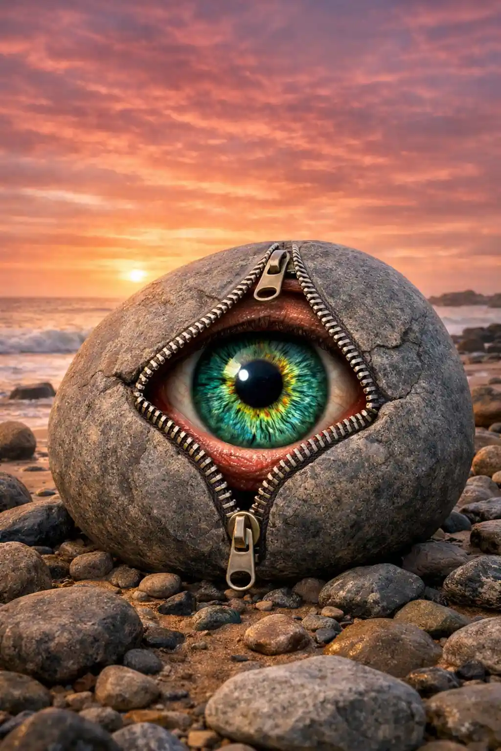 Surreal gray rock unzipped to reveal a single giant eye