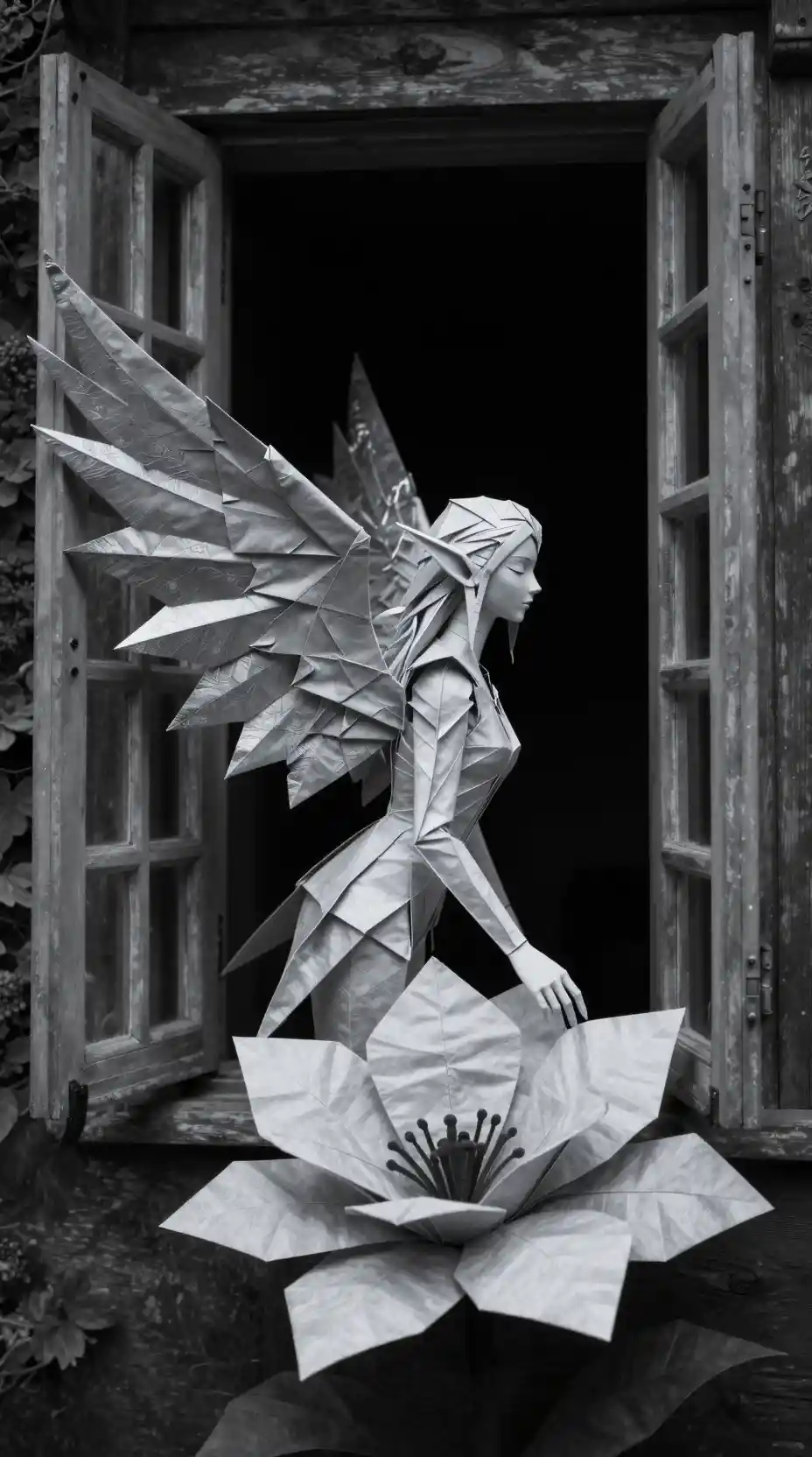 Elfe en origami aux ailes argentées près d’une fleur épanouie