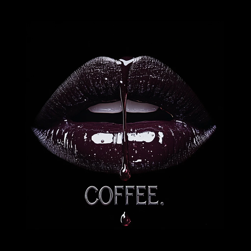 Gros plan extrême de lèvres avec du café qui tombe sur fond noir