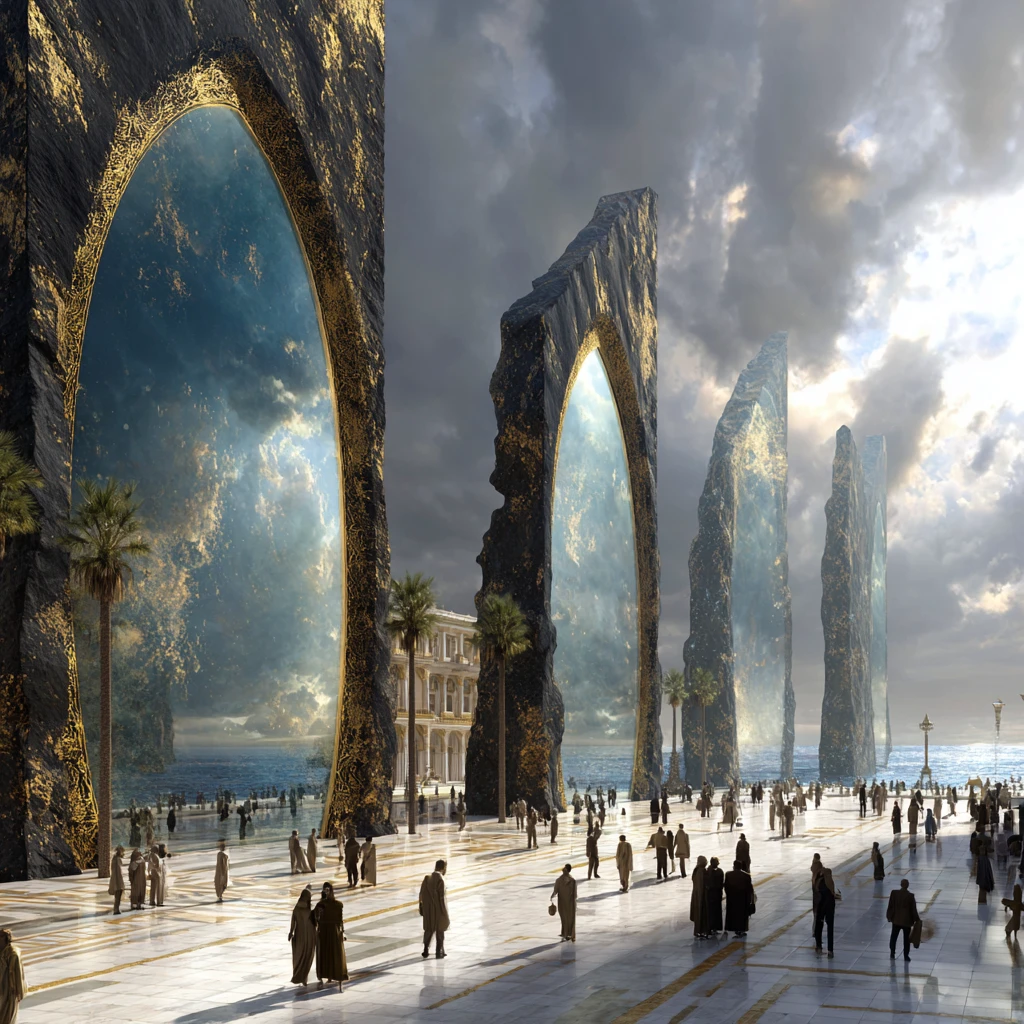 Praça futurista de mármore com arcos colossais de pedra espelhada
