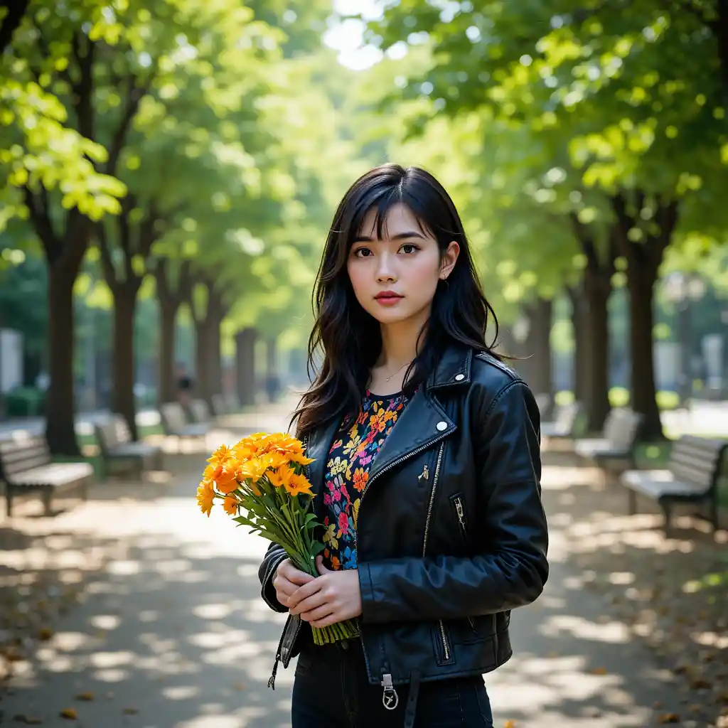 Young woman in leather jacket holding flowers in park