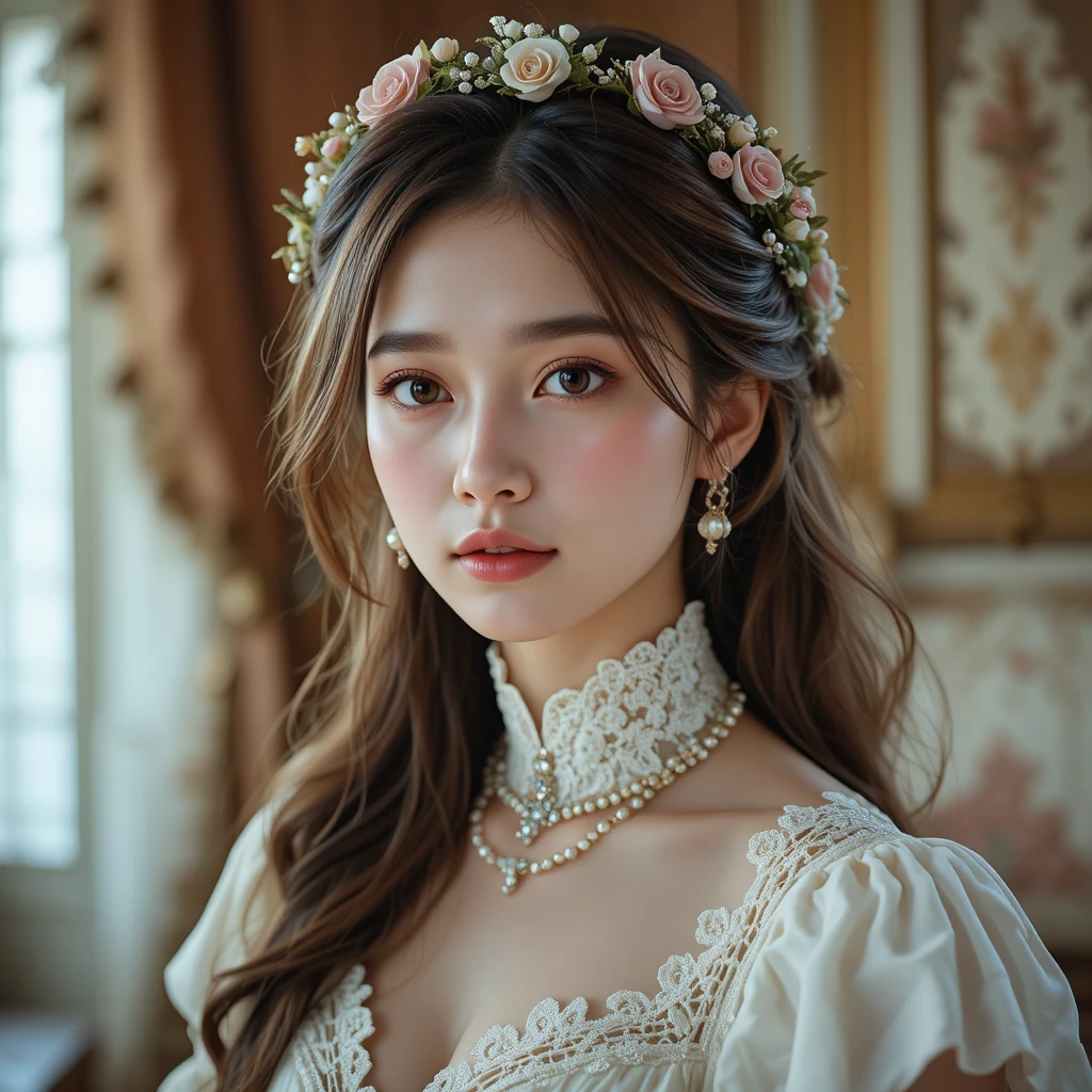 Young woman in floral crown and pearls close up portrait