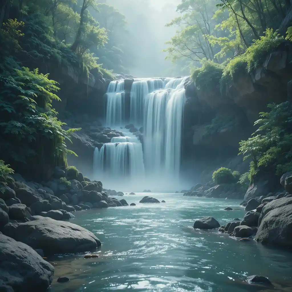 Stiller Wasserfall im Chiaroscuro mit aquamarinblauer Harmonie