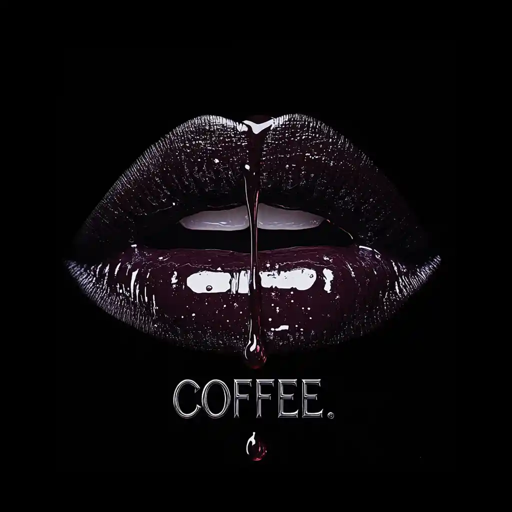 Gros plan extrême de lèvres avec du café qui tombe sur fond noir