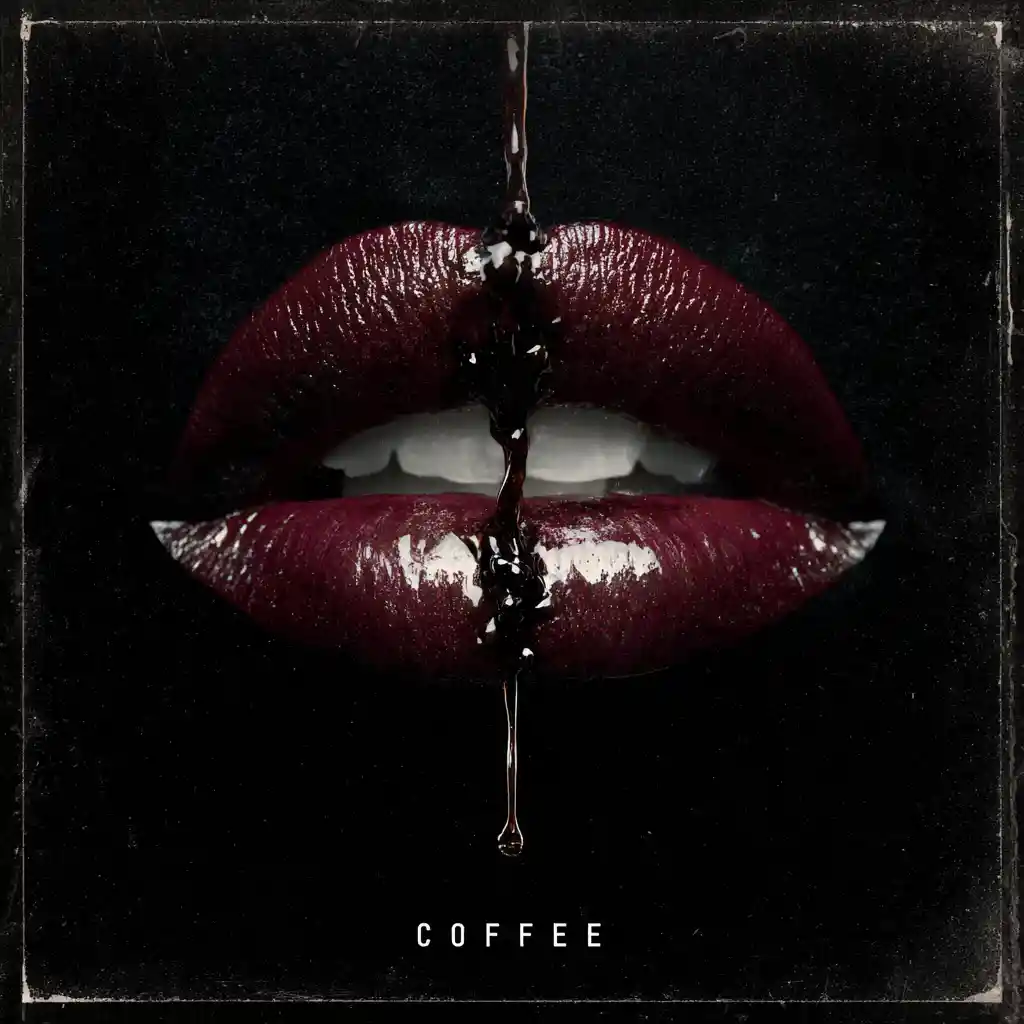 Gros plan extrême sur des lèvres avec du café qui tombe sur fond noir