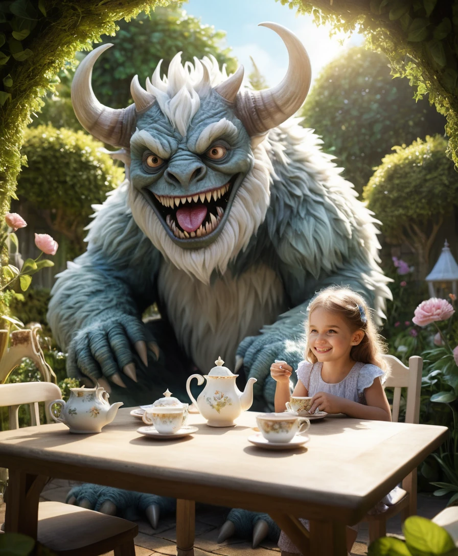 Garotinha tomando chá da manhã com um monstro gigante e fofinho