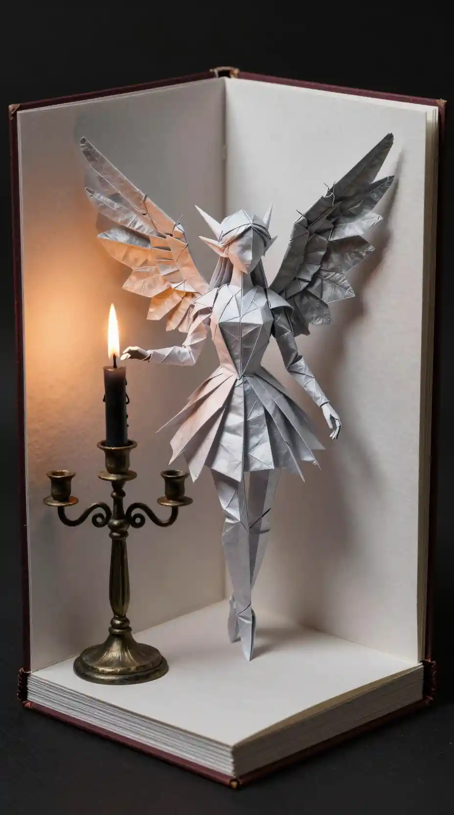 Hada de origami con alas plateadas en un libro desplegable