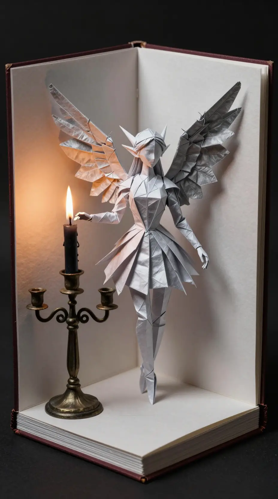 Fée en origami aux ailes argentées dans un livre pop-up