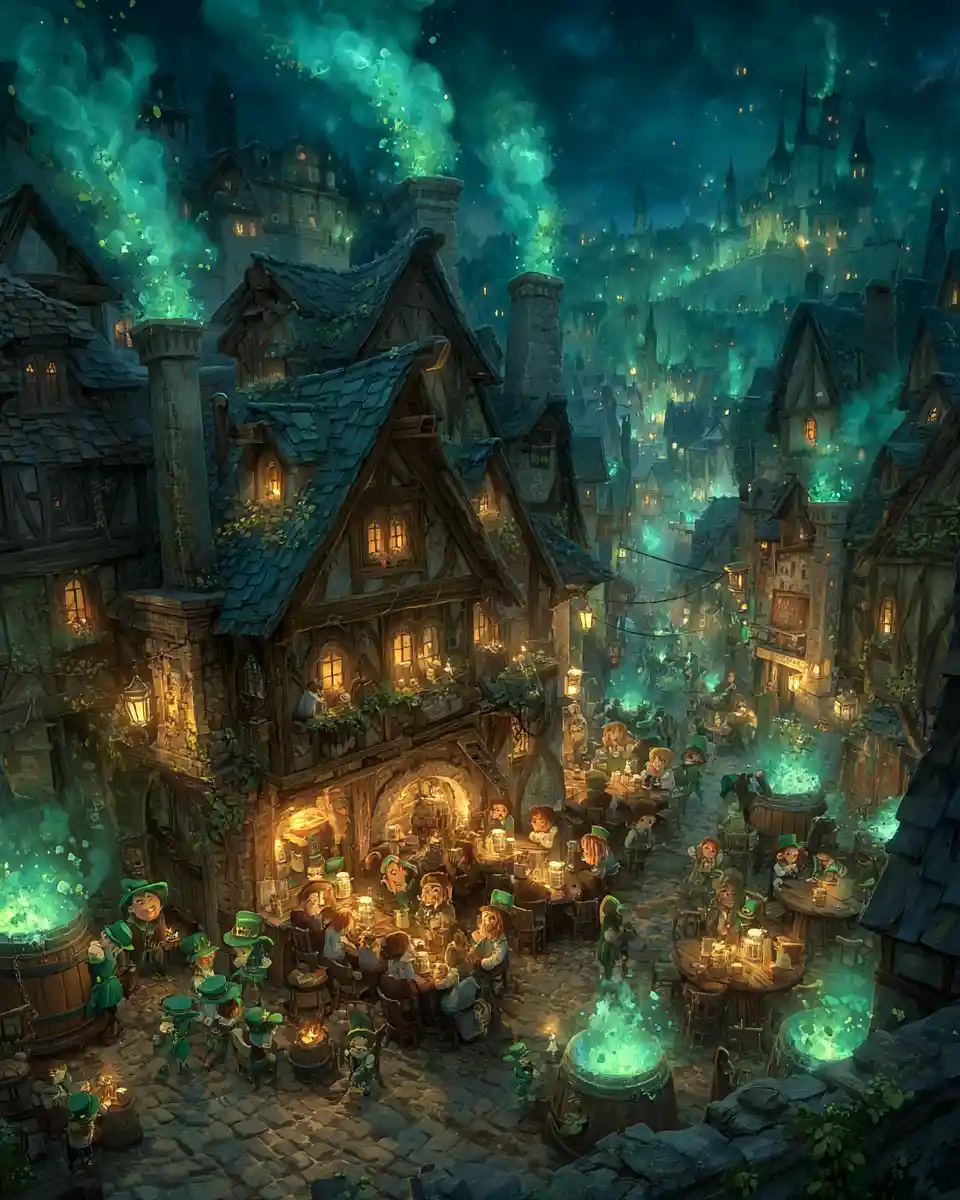 Pub irlandese fantasy pieno di leprecauni e fate luminose