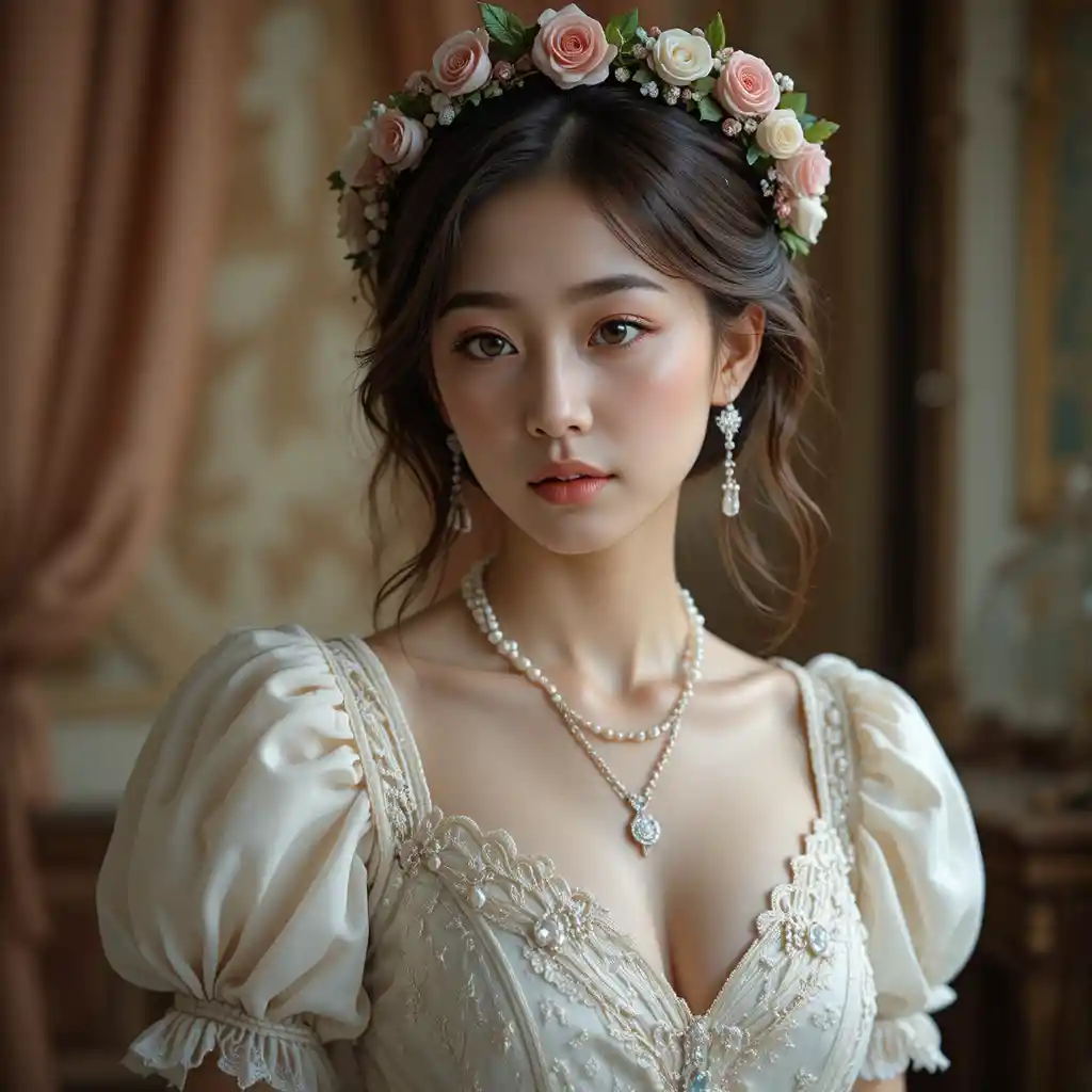 Romantic portrait of a young woman in floral crown