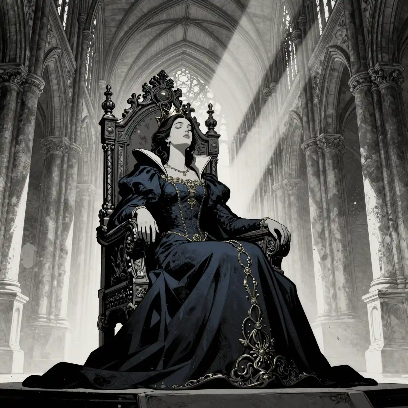 Regina malinconica che riposa su un trono in cattedrale gotica